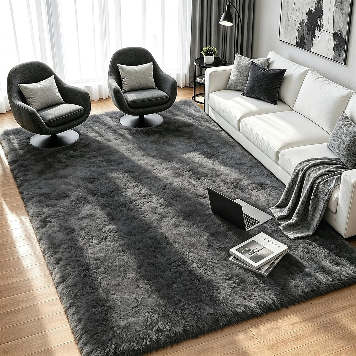 8x10 Black Area Rug for Living Room Bedroom, Soft Fluffy Fuzzy Fur Shag Rug