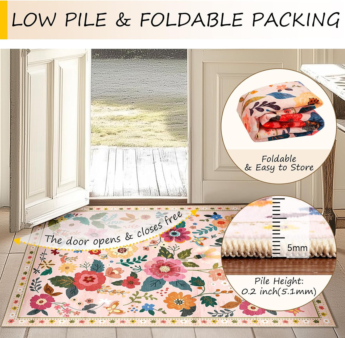RELEANY Floral Washable 5x7 Area Rugs Pink