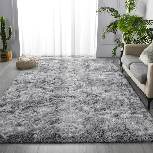 Deerhoo Large Shag Area Rugs 5 x 8, Tie-Dyed Plush Fuzzy Rugs, Light Grey