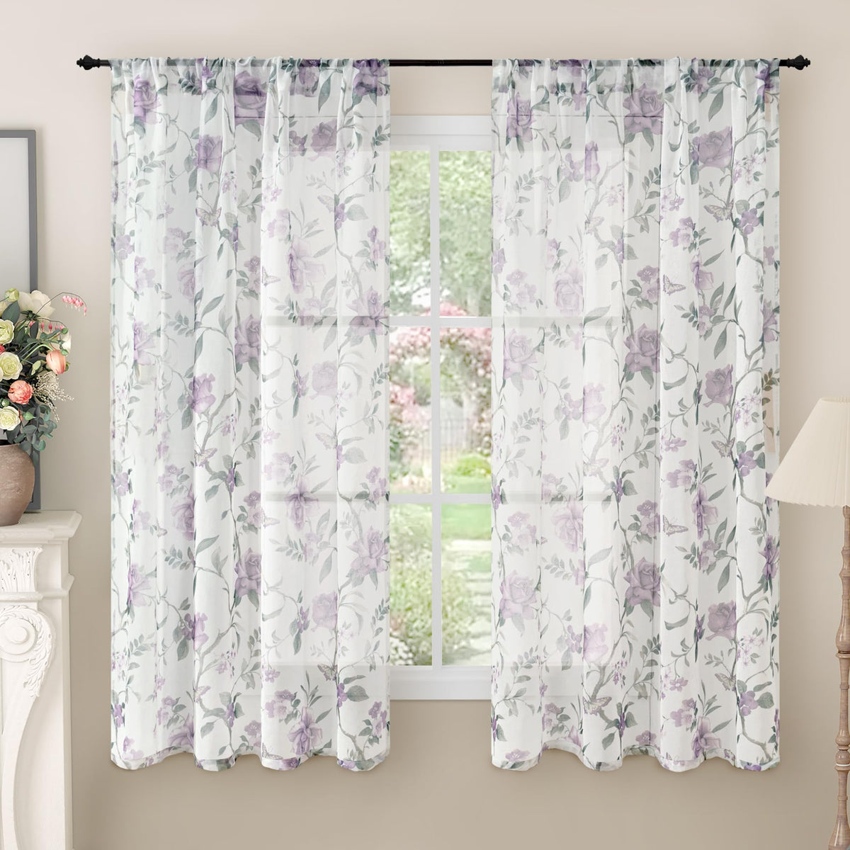 Lajode Pink Floral Sheer Curtains for Girls Room - 52x84 Inch 2 Panels