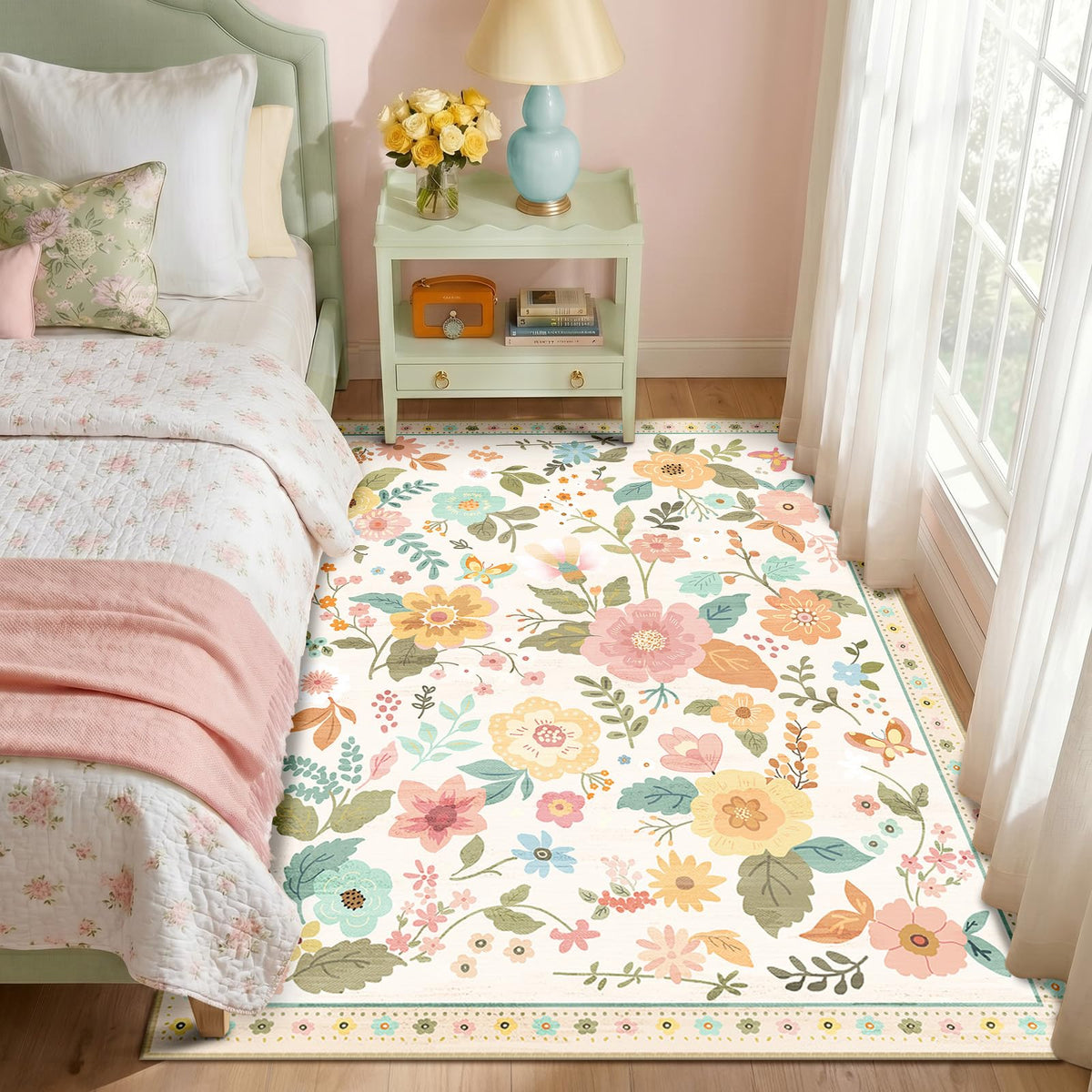 RELEANY Floral Washable 5x7 Area Rugs Pink