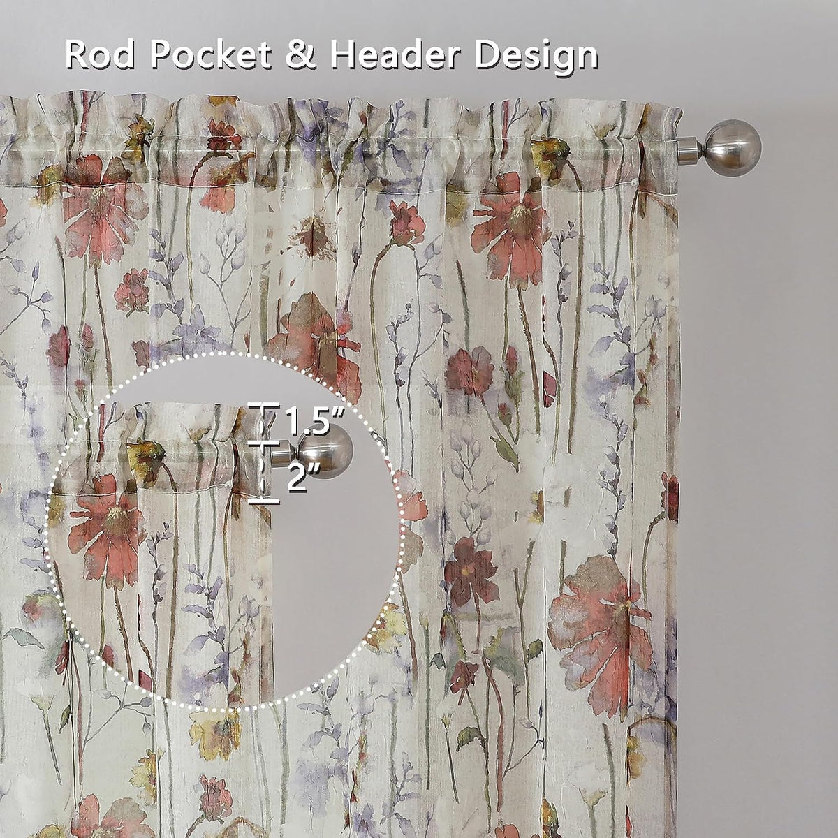OWENIE Crushed Semi Sheer Curtains 72 Inches Length 2 Panels, Floral Pattern Design Rod Pocket Light Filtering Farmhouse Curtains for Bedroom Living Room, 2 Pieces Total 84 Inch Wide, 72 inch Long