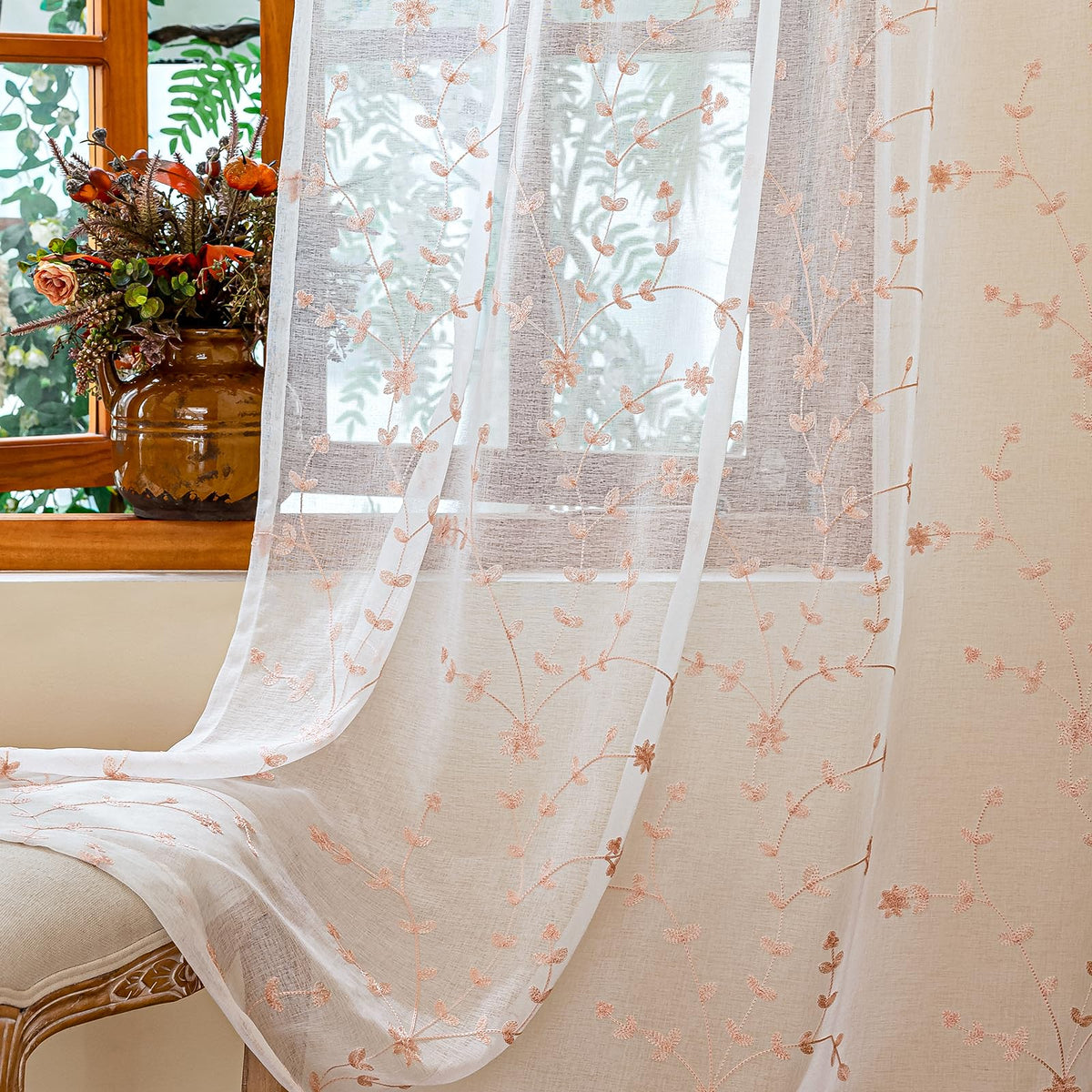 AmHoo 2 Panels Leaf Flora Embroidered Farmhouse Semi Sheer Curtain Voile Curtains for Living Room Bedroom Window Treatment White Sage Green 53 x 84 Inch