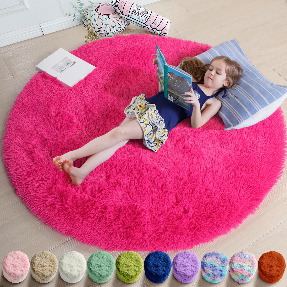 Amdrebio Pink Circle Round Fluffy Area Rug 4Ft for Girls Bedroom Kids Room