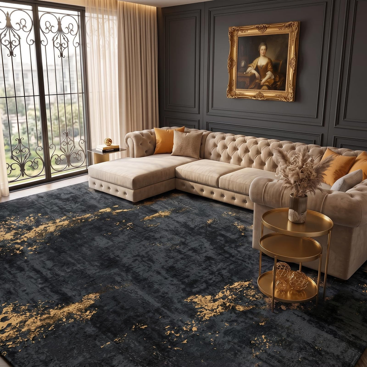 Fixwal Washable 5x7 Area Rug for Living Room, Non-Slip, Black/Gold
