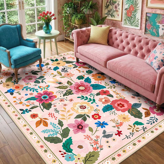 RELEANY Floral Washable 5x7 Area Rugs Pink