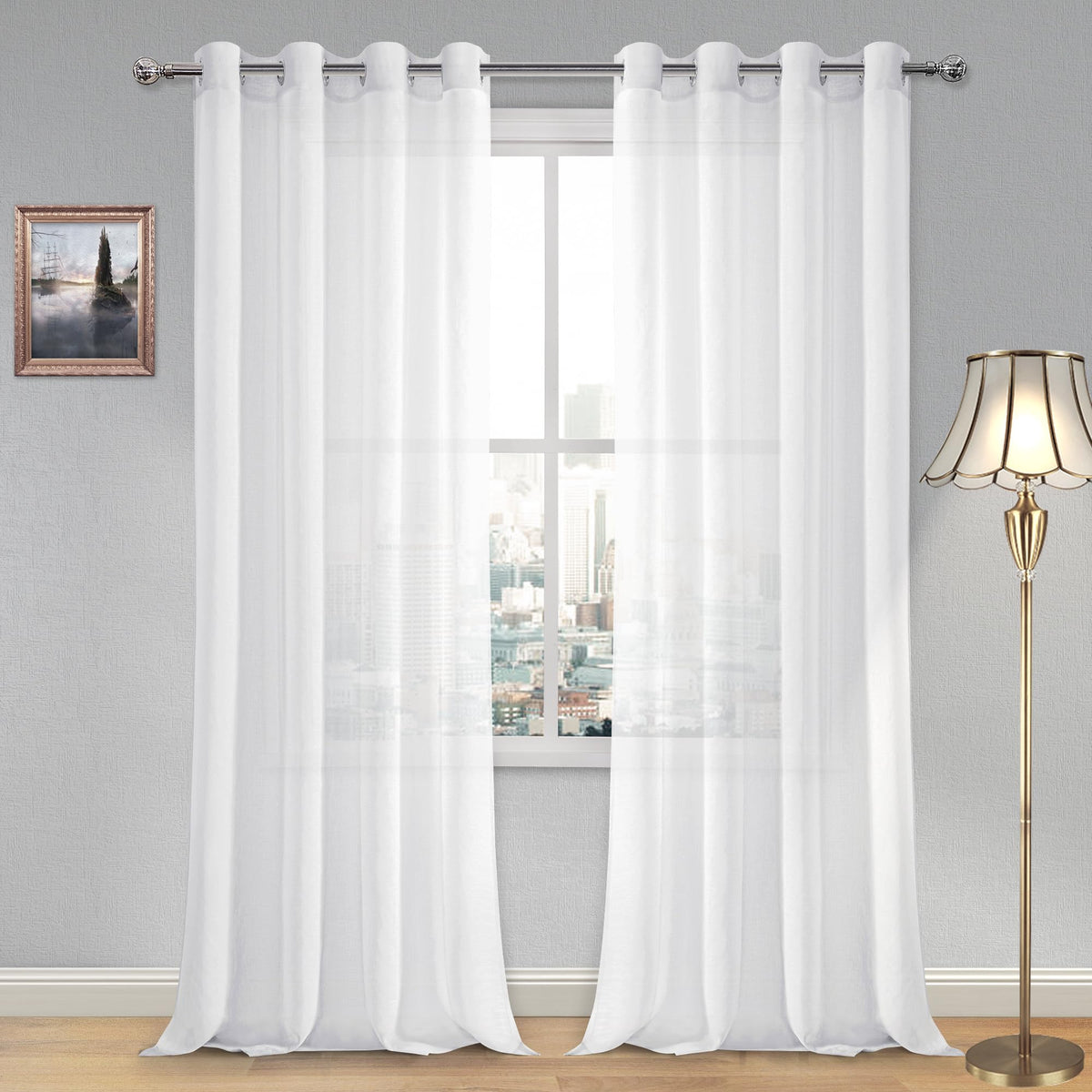 DWCN White Sheer Curtains Linen Look Semi Transparent Voile Grommet White Curtains for Living Dining Room Drapes 52 x 84 Inch Long, Set of 2 Panels