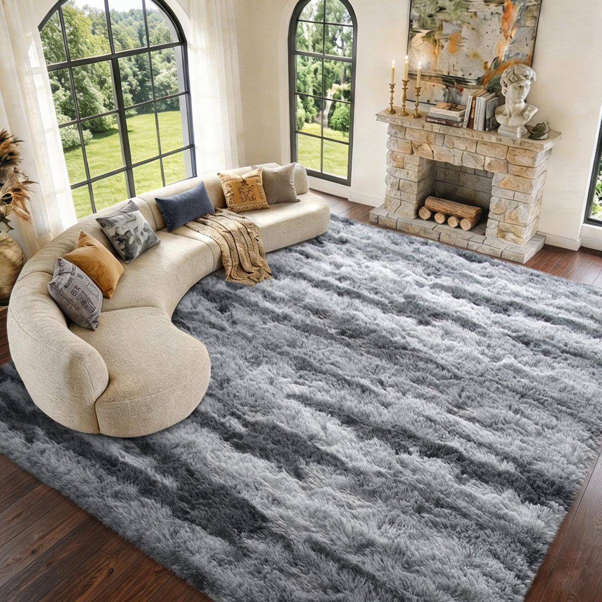 9x12 Extra Large Fluffy Area Rugs for Living Room Tie-Dyed Light Grey