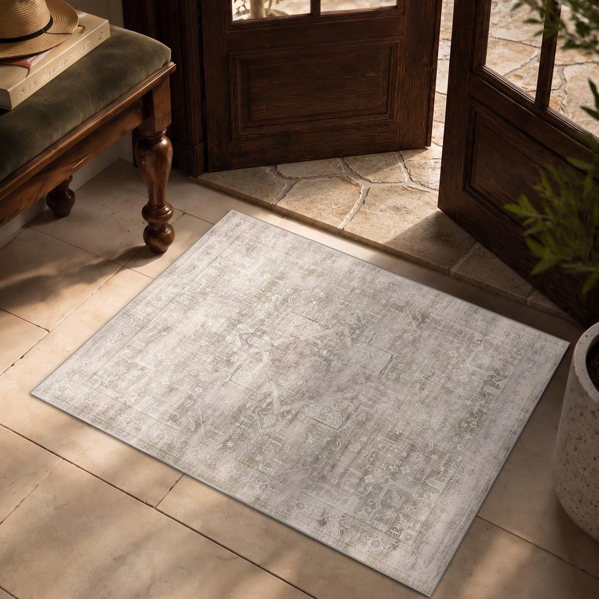 8x10 Washable Boho Area Rug, Dark Beige Farmhouse for Living Room