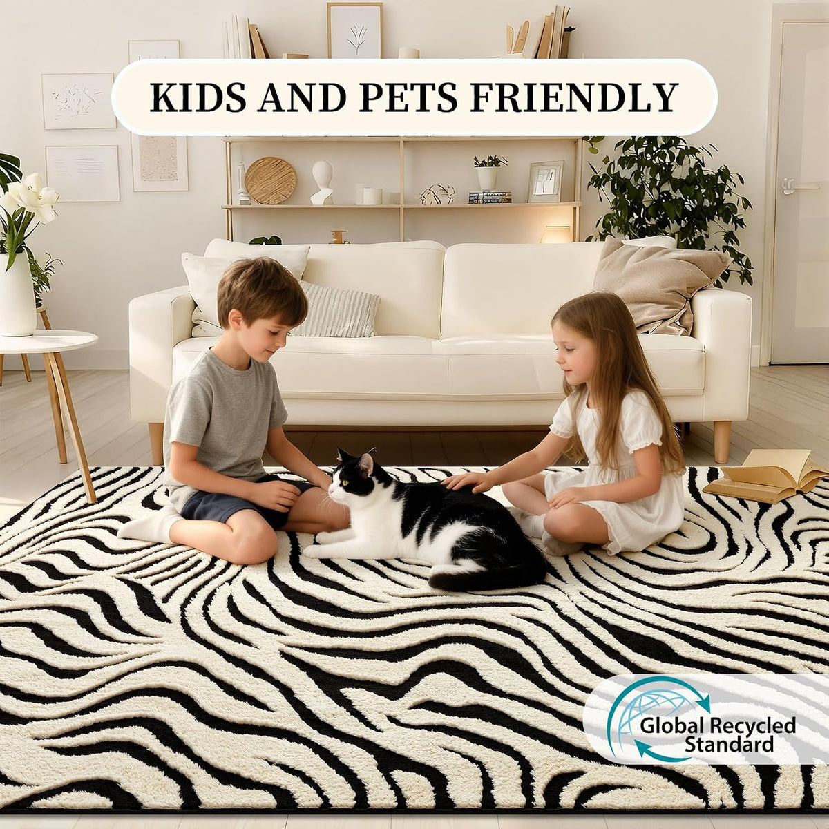 YIHOUSE 5×7 Ft Area Rugs for Living Room: Modern Washable Rug - Abstract Black and Cream White Rug for Bedroom Dining Room Office Playroom Nursery Home Decor - Nonslip Non-Shedding Striped Rugs