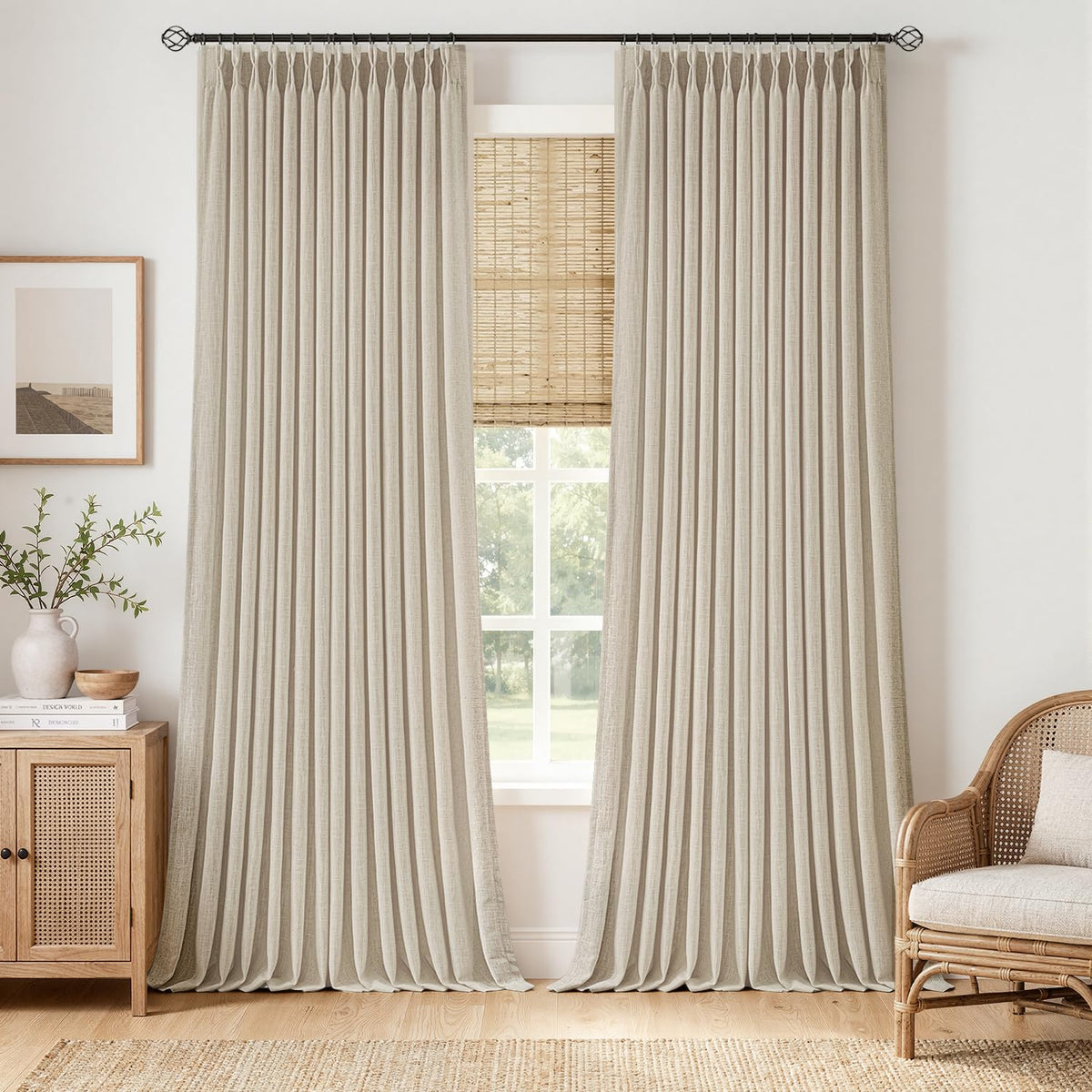 MIULEE Pinch Pleated Thick Linen Curtains 96 Inches Burlap Brown Curtains