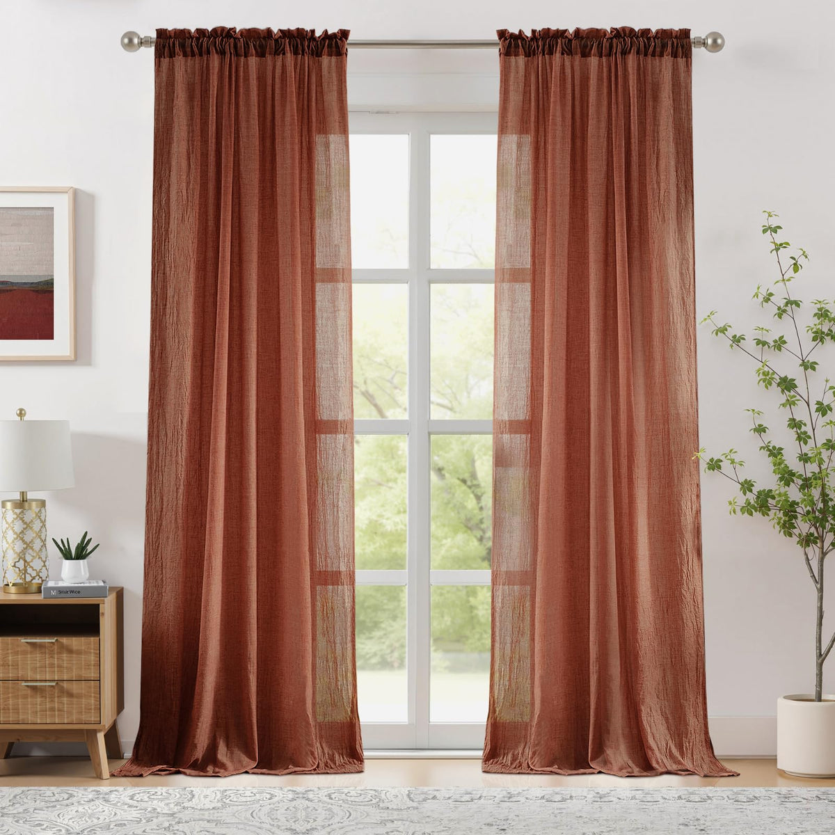 Melodieux Blush Pink Cotton Sheer Curtains 84 Inches Long, Bedroom Living Room Natural Light Filtering Crepe Voile Drapes Rustic Crinkle Linen Sheer Curtains Rod Pocket, 52" W x 84" L, 2 Panels