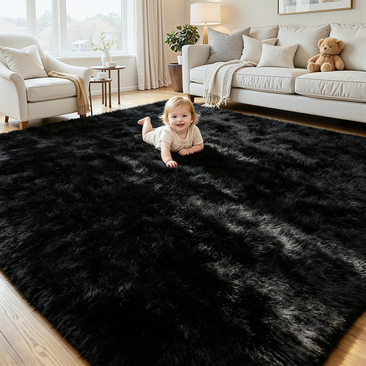 8x10 Black Area Rug for Living Room Bedroom, Soft Fluffy Fuzzy Fur Shag Rug