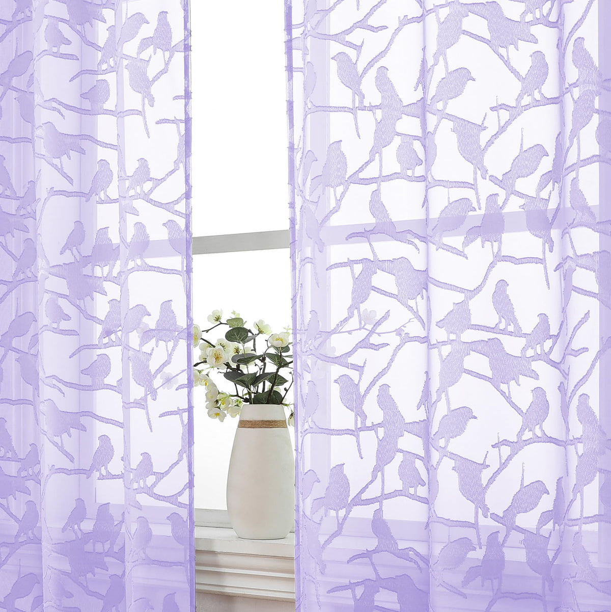 OVZME Sage Green Sheer Curtains 63 Inch Length 2 Panel Set, Light Filtering Bedroom Curtains with Dual Rod Pocket Top, Leaf Bird Clip Jacquard Sheer Farmhouse Window Drapes for Living Room, 2x38Wx63L