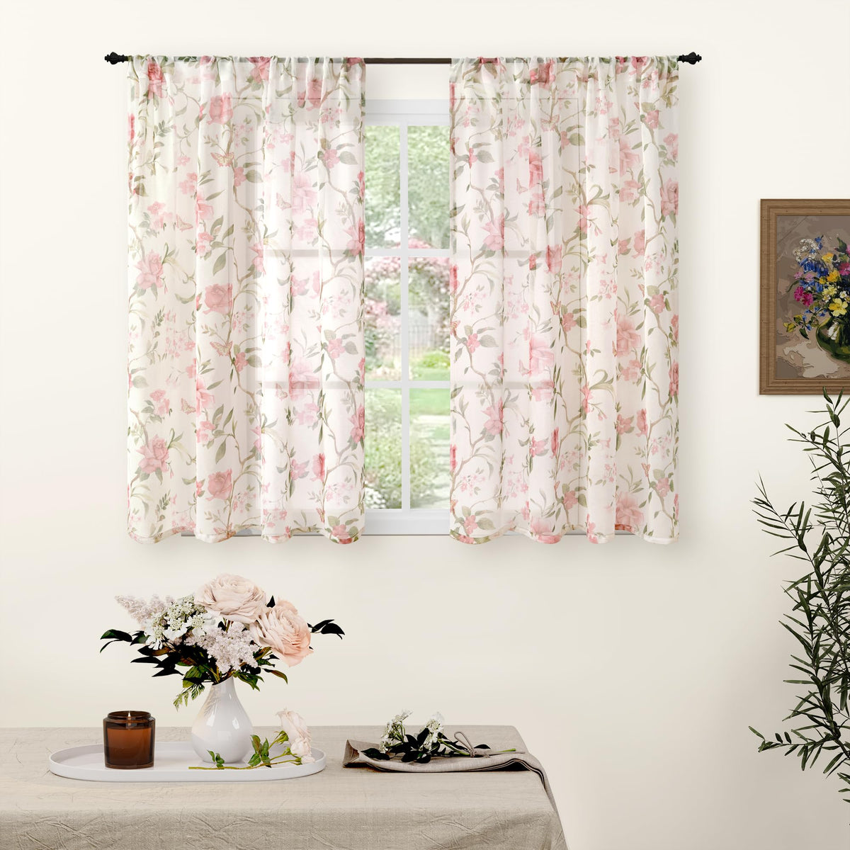 Lajode Pink Floral Sheer Curtains for Girls Room - 52x84 Inch 2 Panels