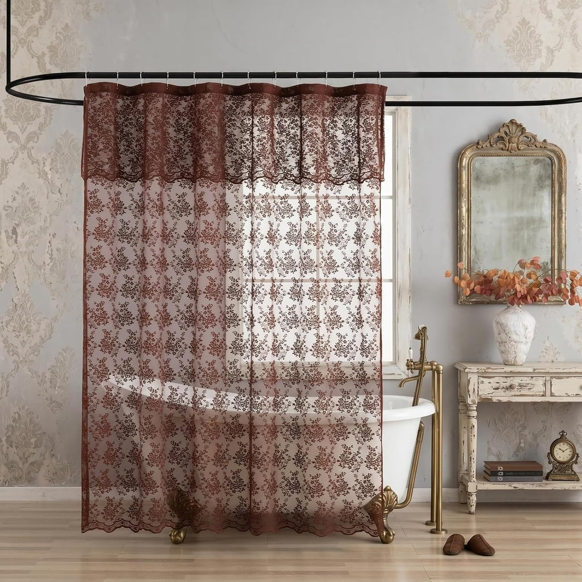 Ivory Lace Shower Curtain 72x72, Vintage Shabby Chic with Attached Valance