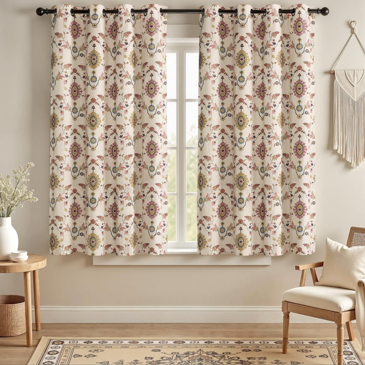 Boho Floral Light Filtering Curtains 84 Inch 2 Panels Linen Texture