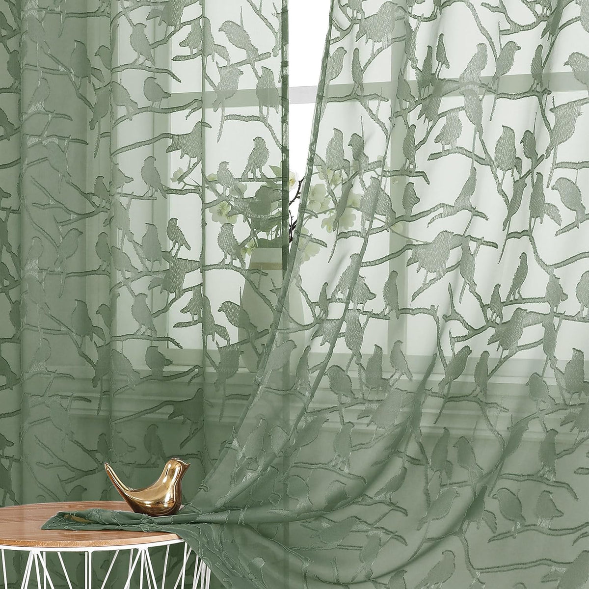 OVZME Sage Green Sheer Curtains 63 Inch Length 2 Panel Set, Light Filtering Bedroom Curtains with Dual Rod Pocket Top, Leaf Bird Clip Jacquard Sheer Farmhouse Window Drapes for Living Room, 2x38Wx63L