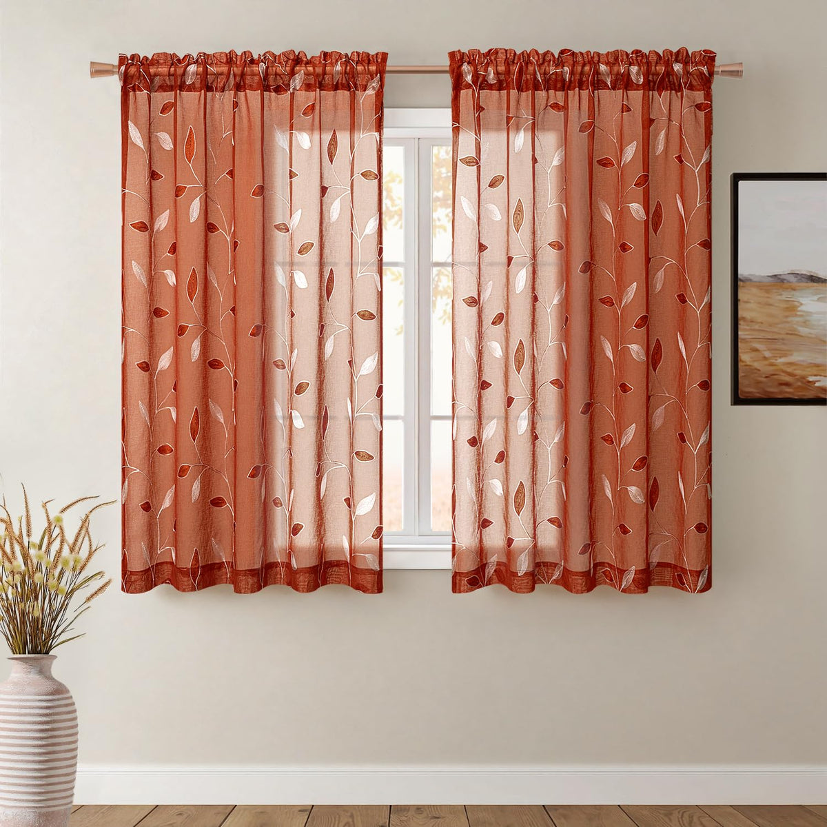 MIULEE Beige Sheer Curtains 2 Panels Embroidered Leaf Patterned, W52 x L84