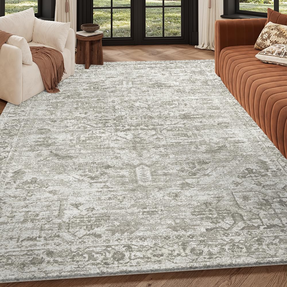 8x10 Pink Gray Washable Area Rug for Living Room, Vintage Print