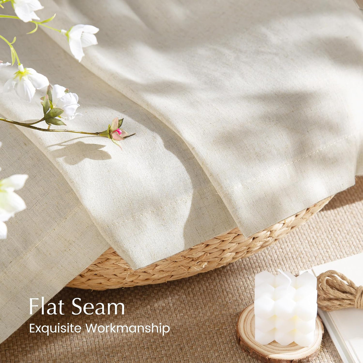 NICETOWN Natural Linen Curtains & Drapes for Windows 84 inch Long, Rod Pocket & Back Tab Thick Flax Semi Sheer Privacy Assured with Light Filtering for Bedroom/Living Room, W55 x L84, 2 Pieces
