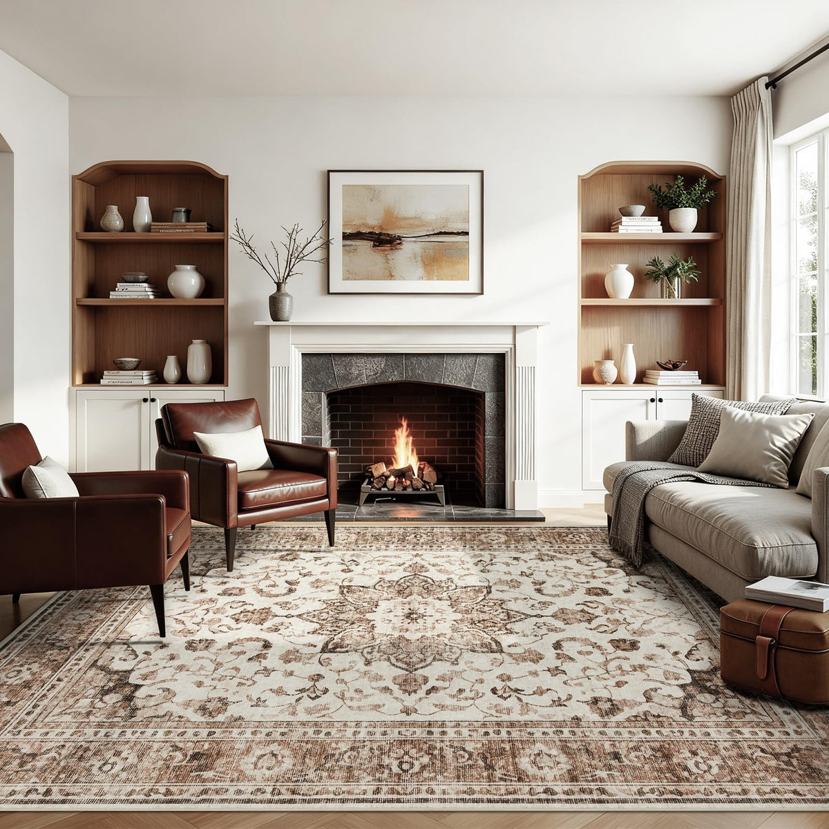 Joydeco Boho Washable Abstract Beige 5x7 Area Rugs for Living Room Bedroom