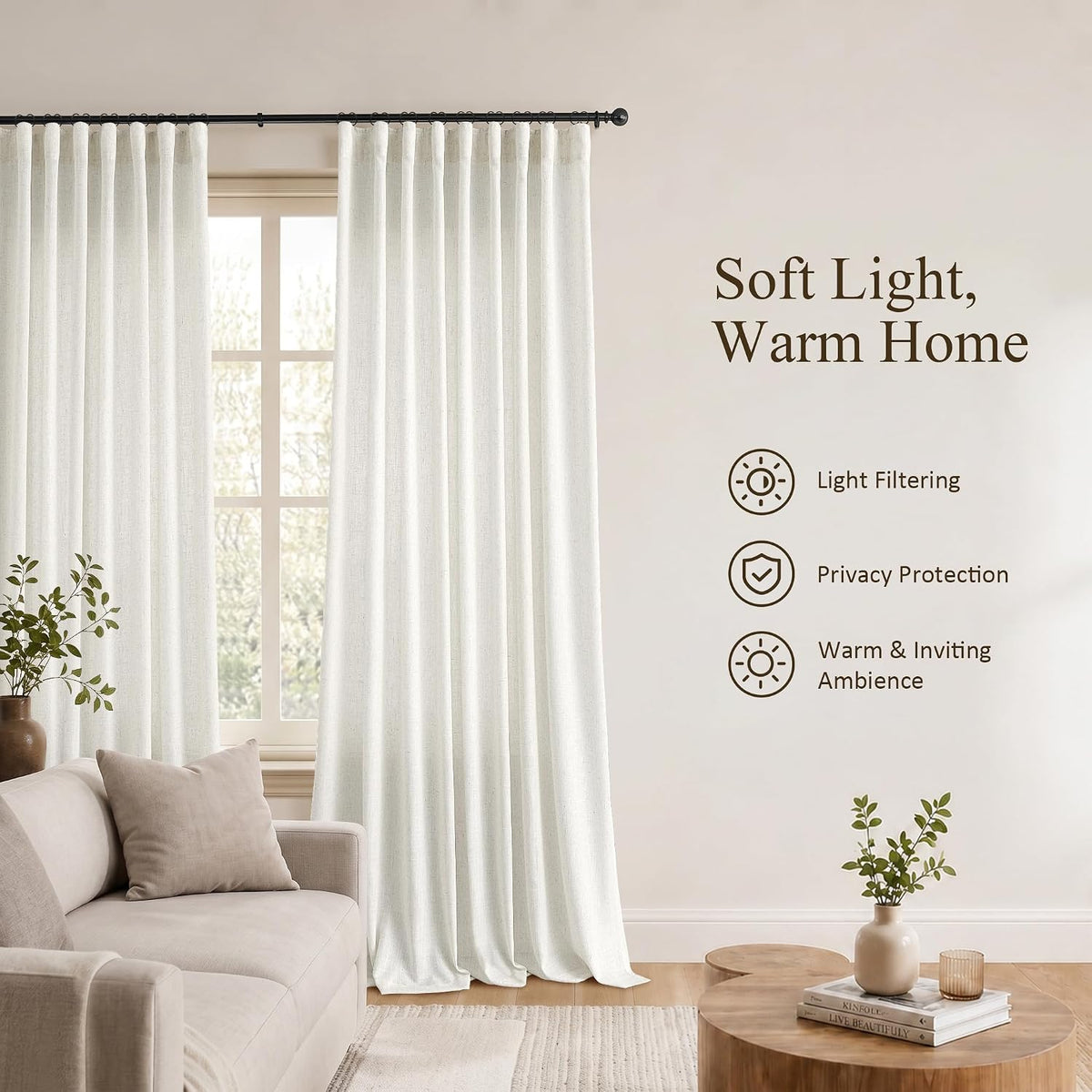 Jowels Natural Linen Curtains 84 Inches Long 2 Panels for Living Room