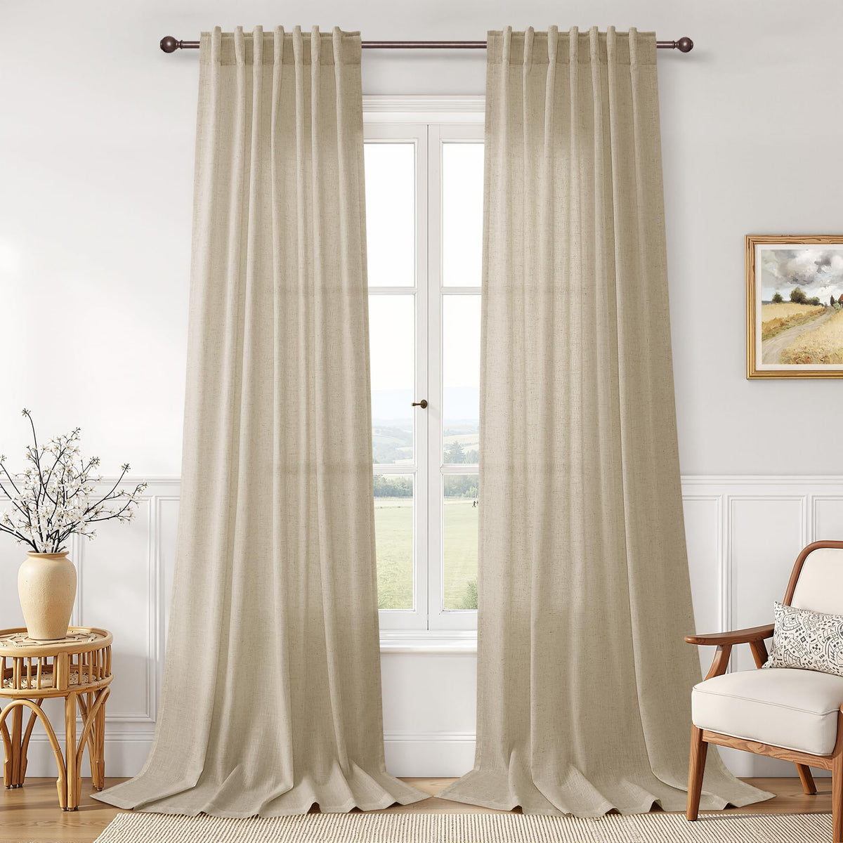 Joywell Linen Sheer Curtains 84 Inches Long for Living Room Beige Cream