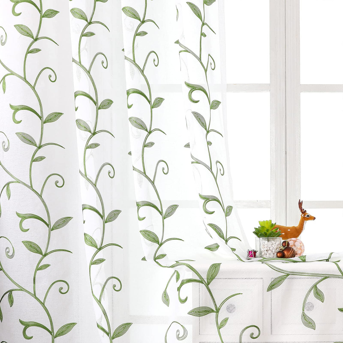 VISIONTEX Sheer Curtains Boho Leaf Floral Embroidered Cream Beige 54Wx84L