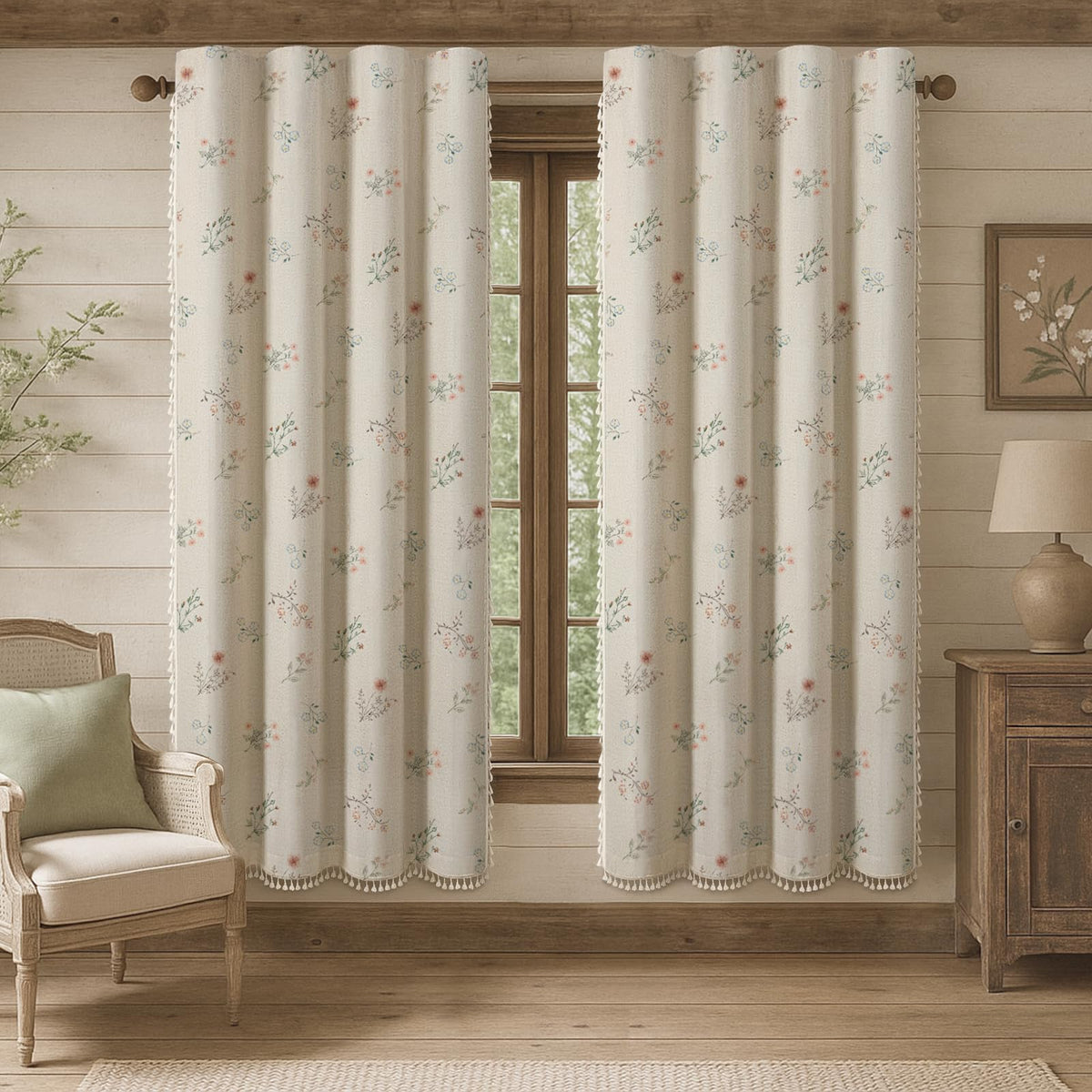 Boho Floral Light Filtering Curtains 84 Inch 2 Panels Linen Texture