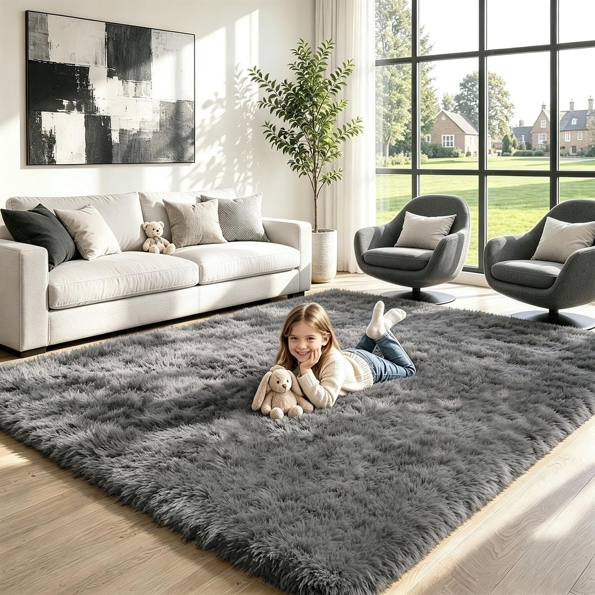 8x10 Black Area Rug for Living Room Bedroom, Soft Fluffy Fuzzy Fur Shag Rug