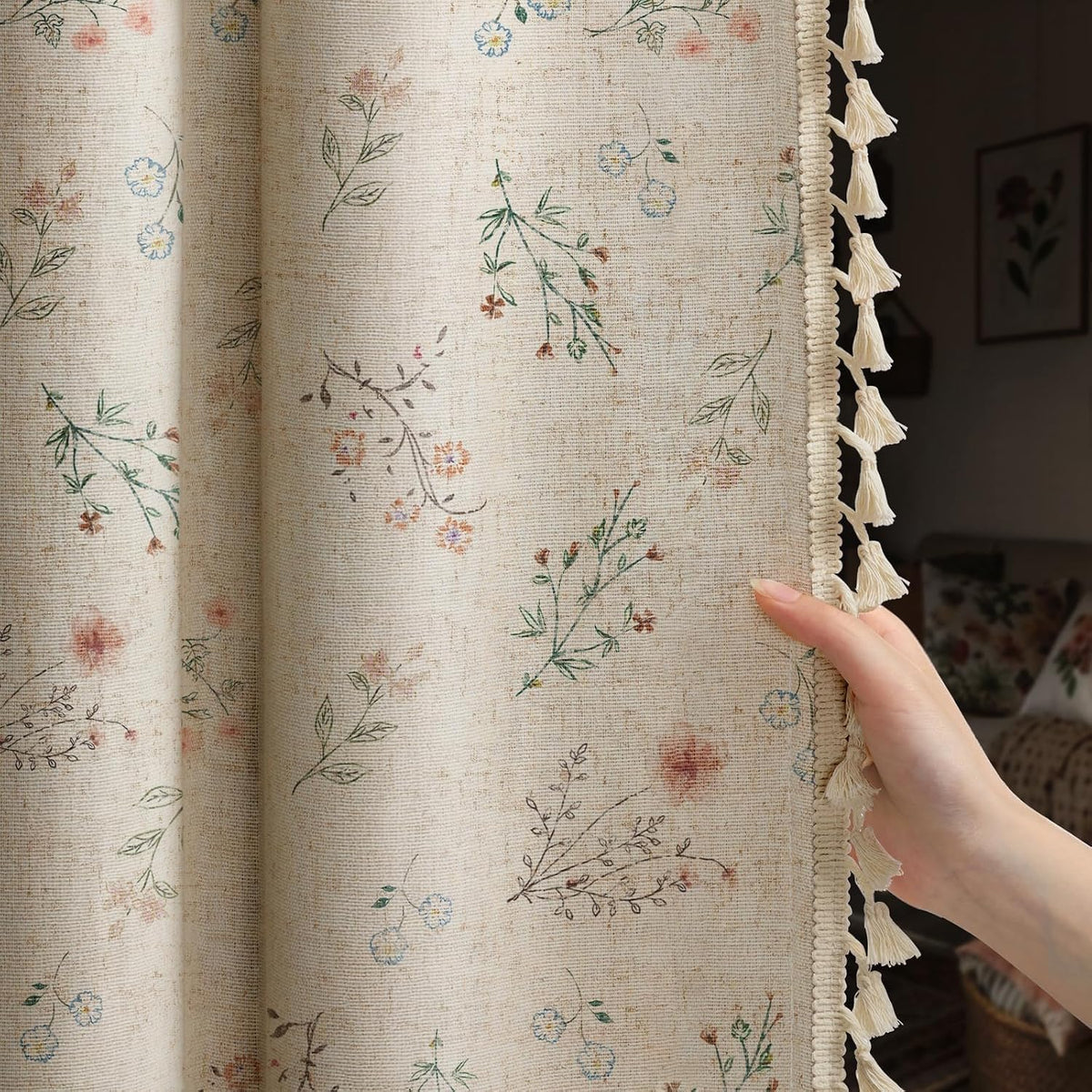 Boho Floral Light Filtering Curtains 84 Inch 2 Panels Linen Texture