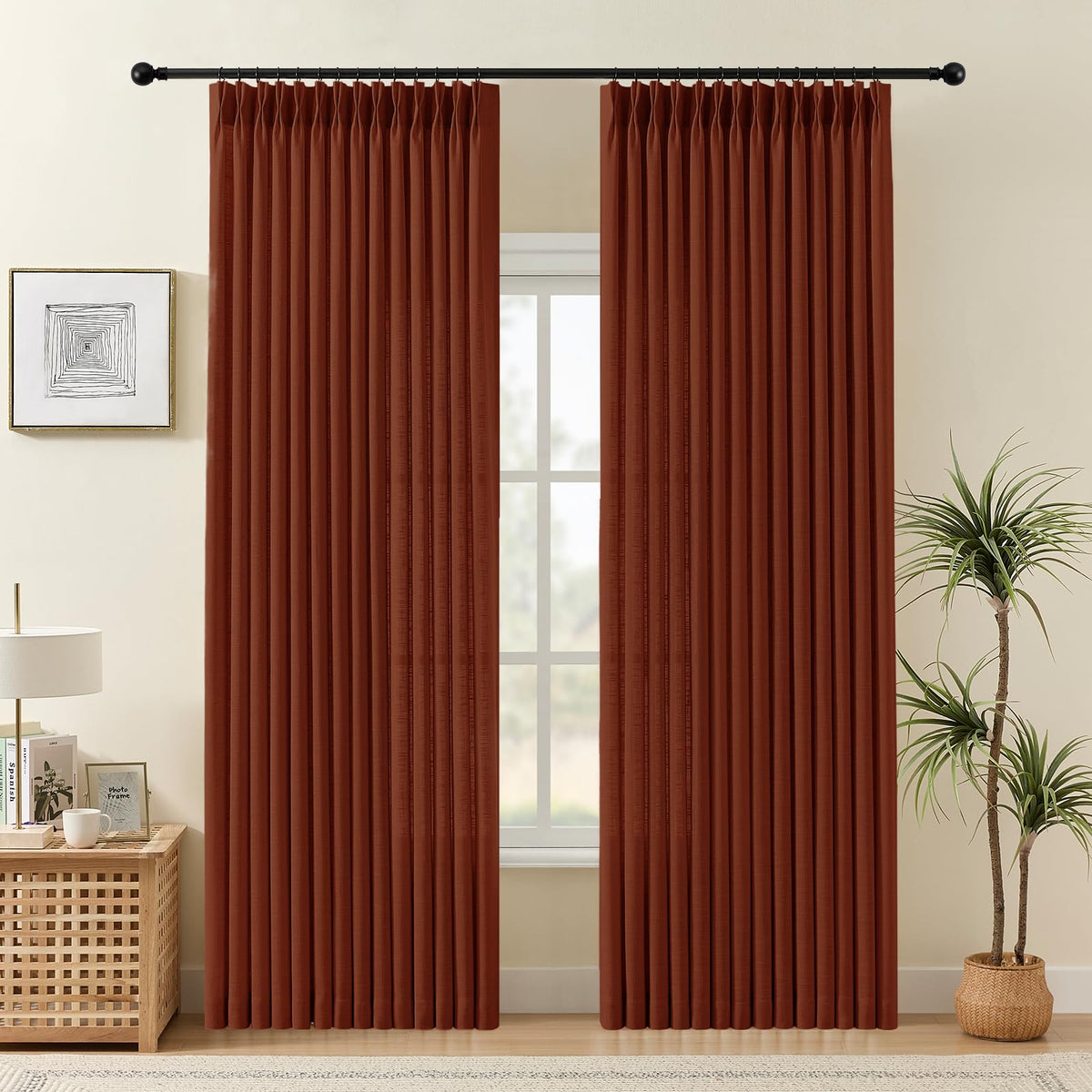 Pinch Pleated Linen Curtains 96 Inches Semi Sheer Light Filtering, 2 Panels
