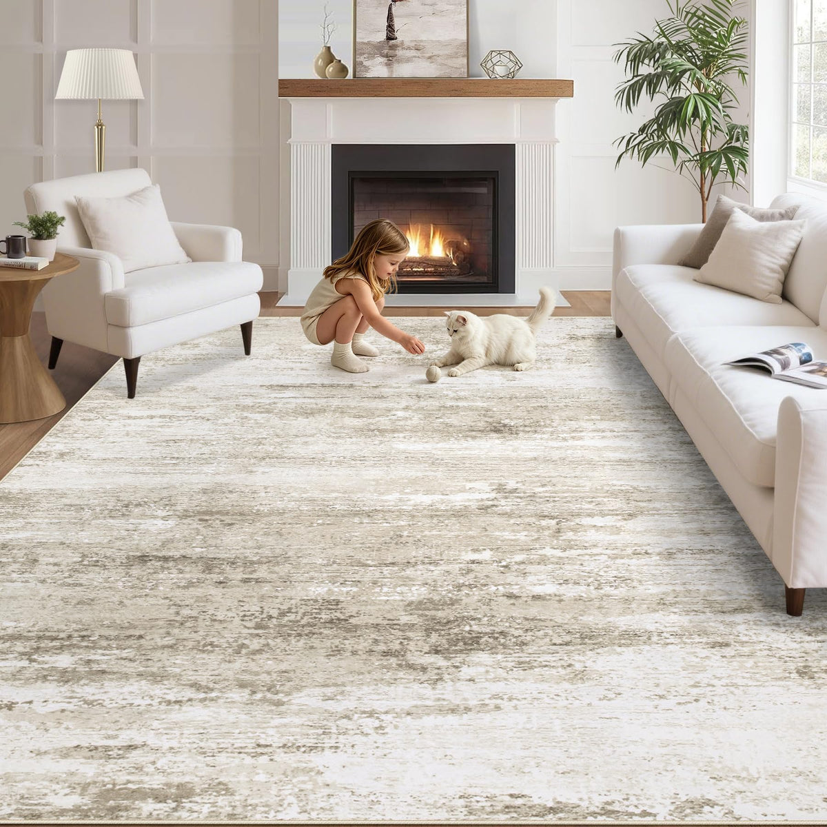 Washable Rug 8x10 Area Rugs for Living Room: Large Neutral Soft Rug Abstract Non Slip Low Pile Modern Carpet for Bedroom Kitchen Nursery Office Dining Room Indoor (Beige, 8'x10')