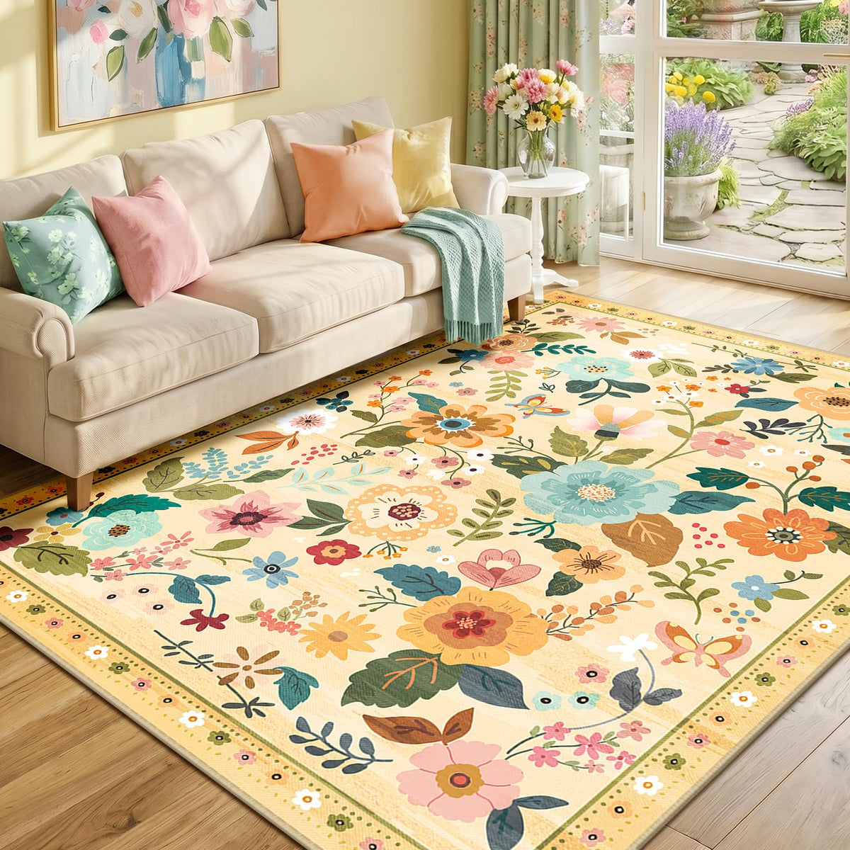 RELEANY Floral Washable 5x7 Area Rugs Pink