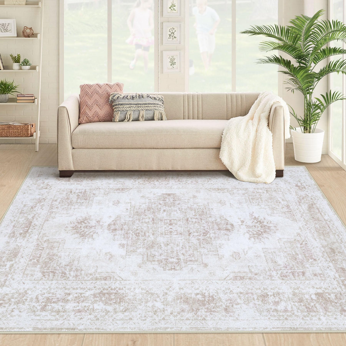 XLUEZ Area Rug 8x10 Living Room Rug, Machine Washable Vintage Distressed Medallion Rug Non-Slip Soft Low Pile Large Indoor Rugs for Bedroom Dining Room Office Children's Room (Beige,8'x10')