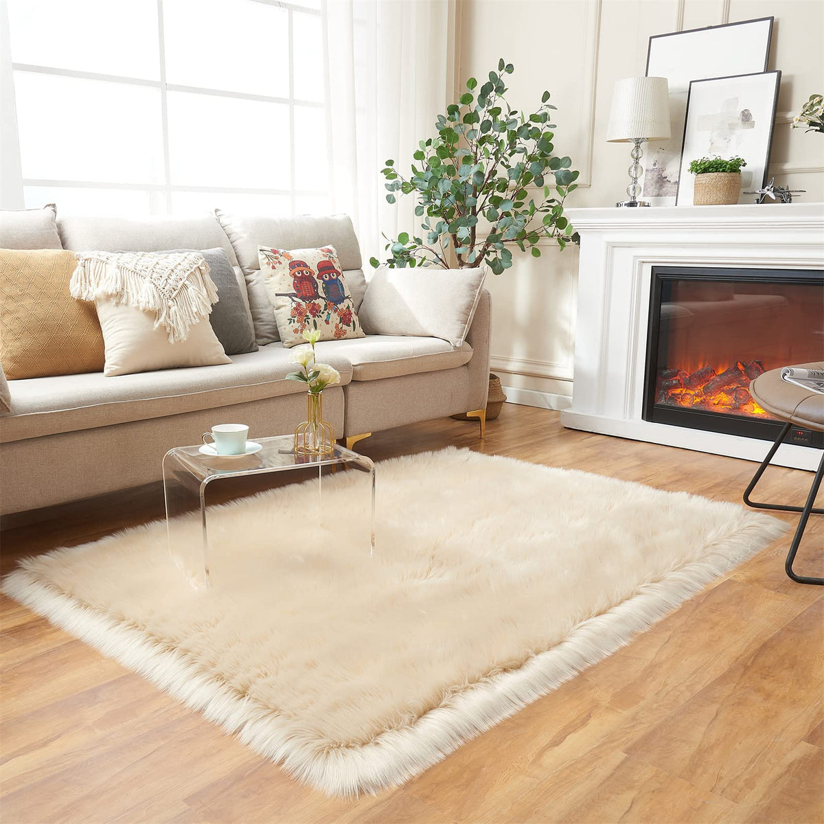EasyJoy Ultra Soft Fluffy/Fuzzy Shaggy Area Rug Faux Fur Chair Cover Seat Pad for Bedroom Floor Sofa Living Room (2 x 6 ft Sheepskin, Beige)