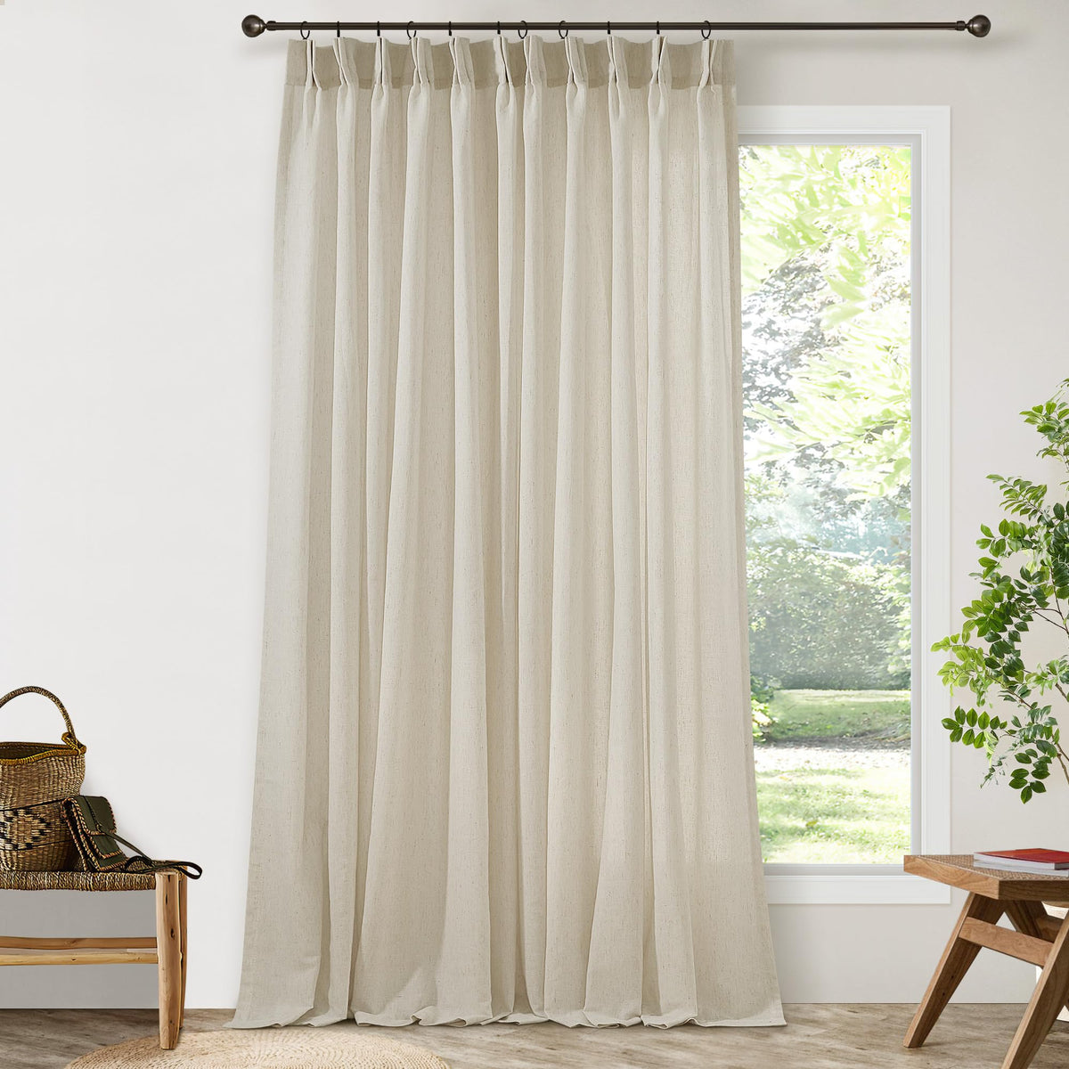 105 Inch Extra Long Curtains Linen Pinch Pleated Cream Semi Sheer