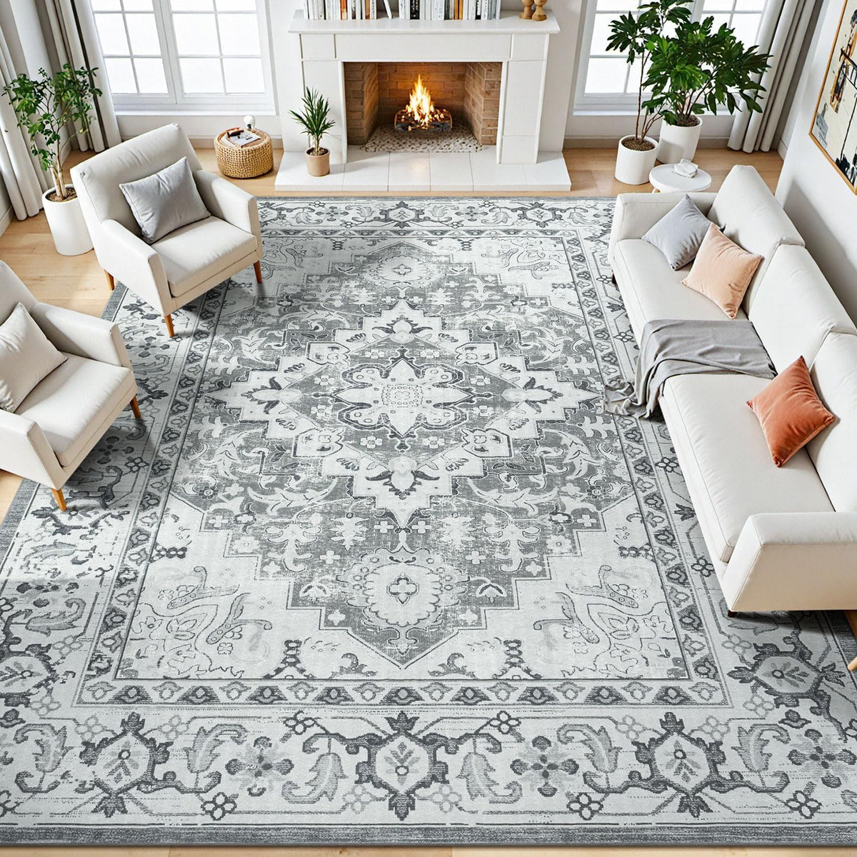 Lessymo 8 x 10 Area Rugs for Living Room, Machine Washable Rug Grey White