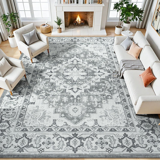 Lessymo 8 x 10 Area Rugs for Living Room, Machine Washable Rug Grey White