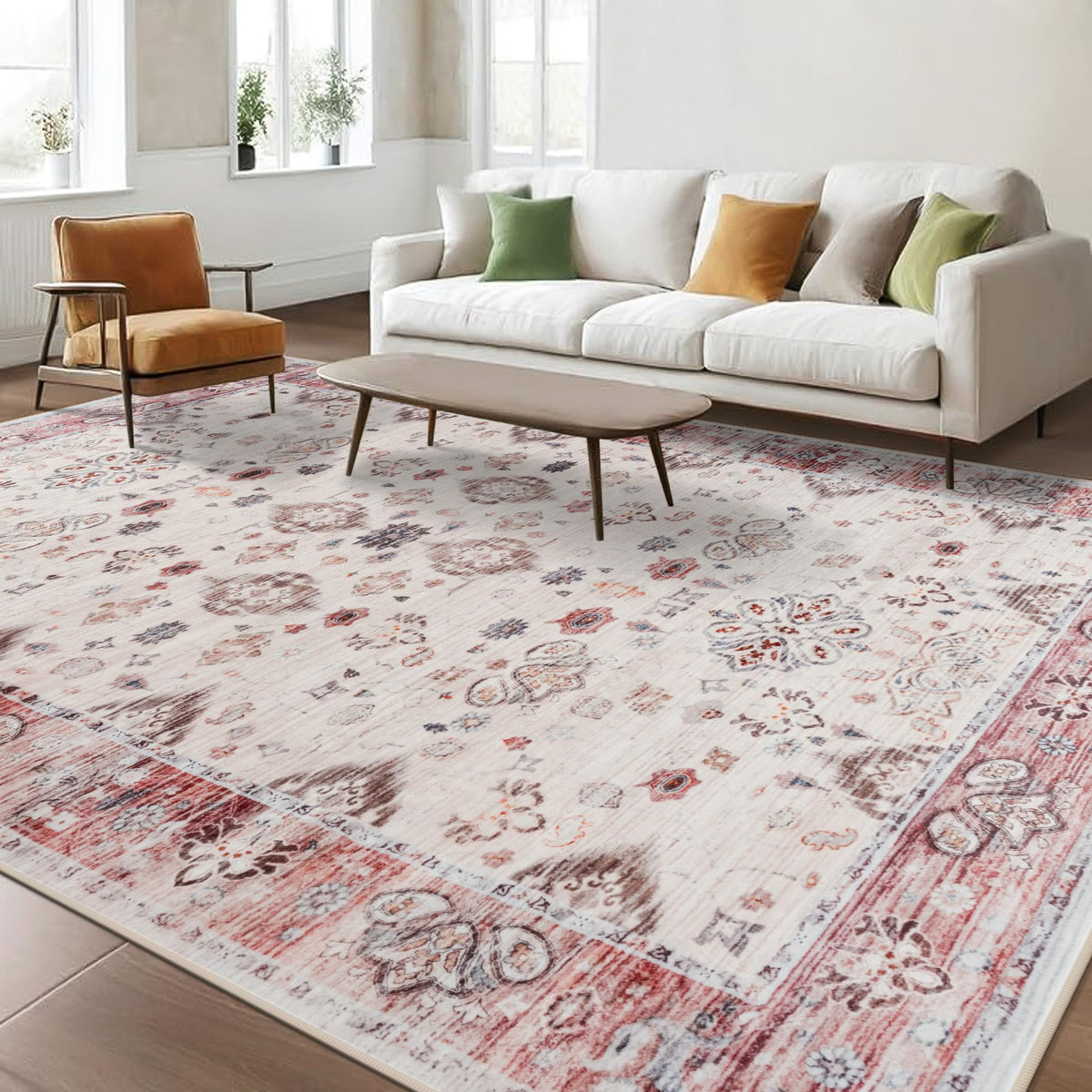 Hanples 5x7 Area Rugs for Living Room, Washable Rug Vintage Floral, Beige
