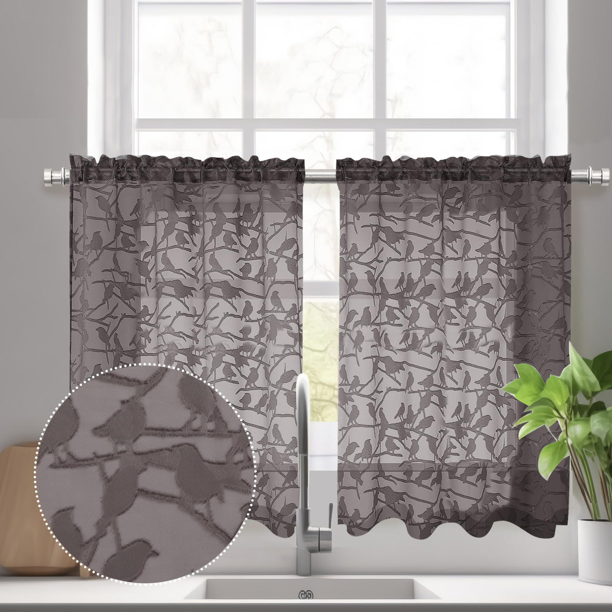 OVZME Sage Green Sheer Curtains 63 Inch Length 2 Panel Set, Light Filtering Bedroom Curtains with Dual Rod Pocket Top, Leaf Bird Clip Jacquard Sheer Farmhouse Window Drapes for Living Room, 2x38Wx63L