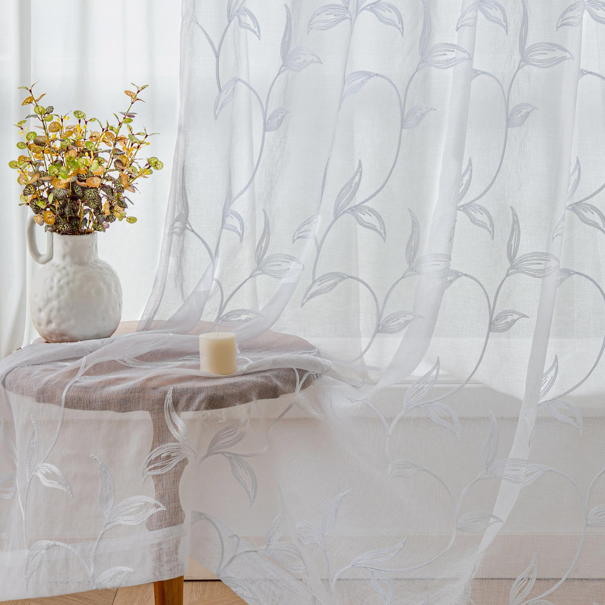 VISIONTEX Sheer Curtains Boho Leaf Floral Embroidered Cream Beige 54Wx84L