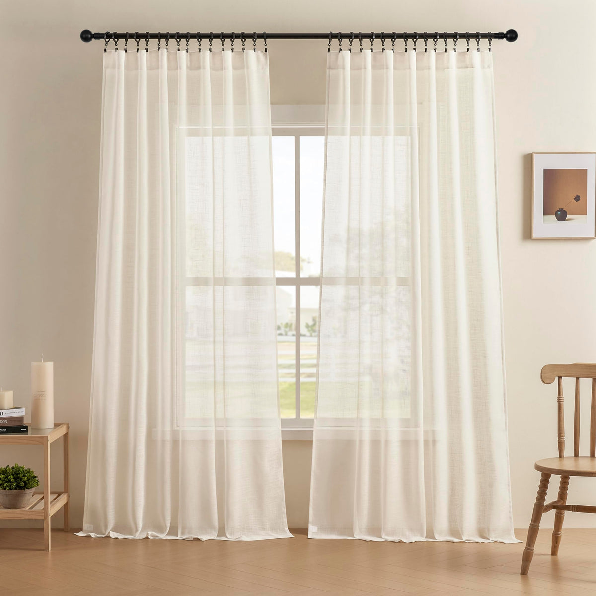 Joydeco Linen Curtains for Living Room,Light Filtering Rod Pocket Back Tab Semi Sheer Drapes Window Long Curtains 90 inches Long Ivory