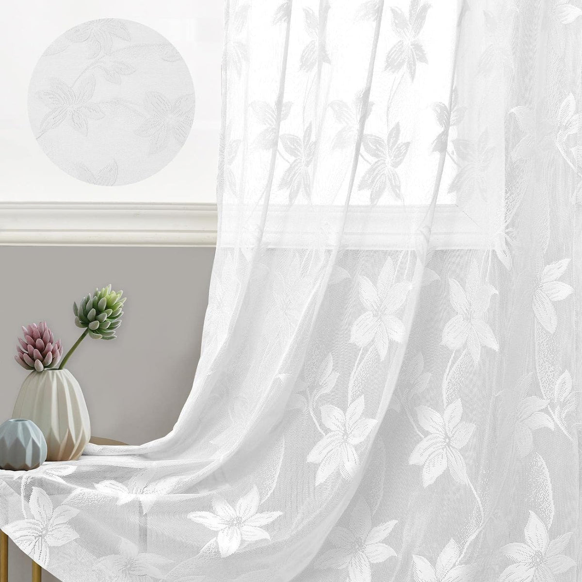 DWCN White Sheer Curtains - Short Curtains Floral Lace Design Rod Pocket Window Voile Sheer Drapes for Bedroom Kitchen Small Window 42 x 54 inch Length, 2 Panels White