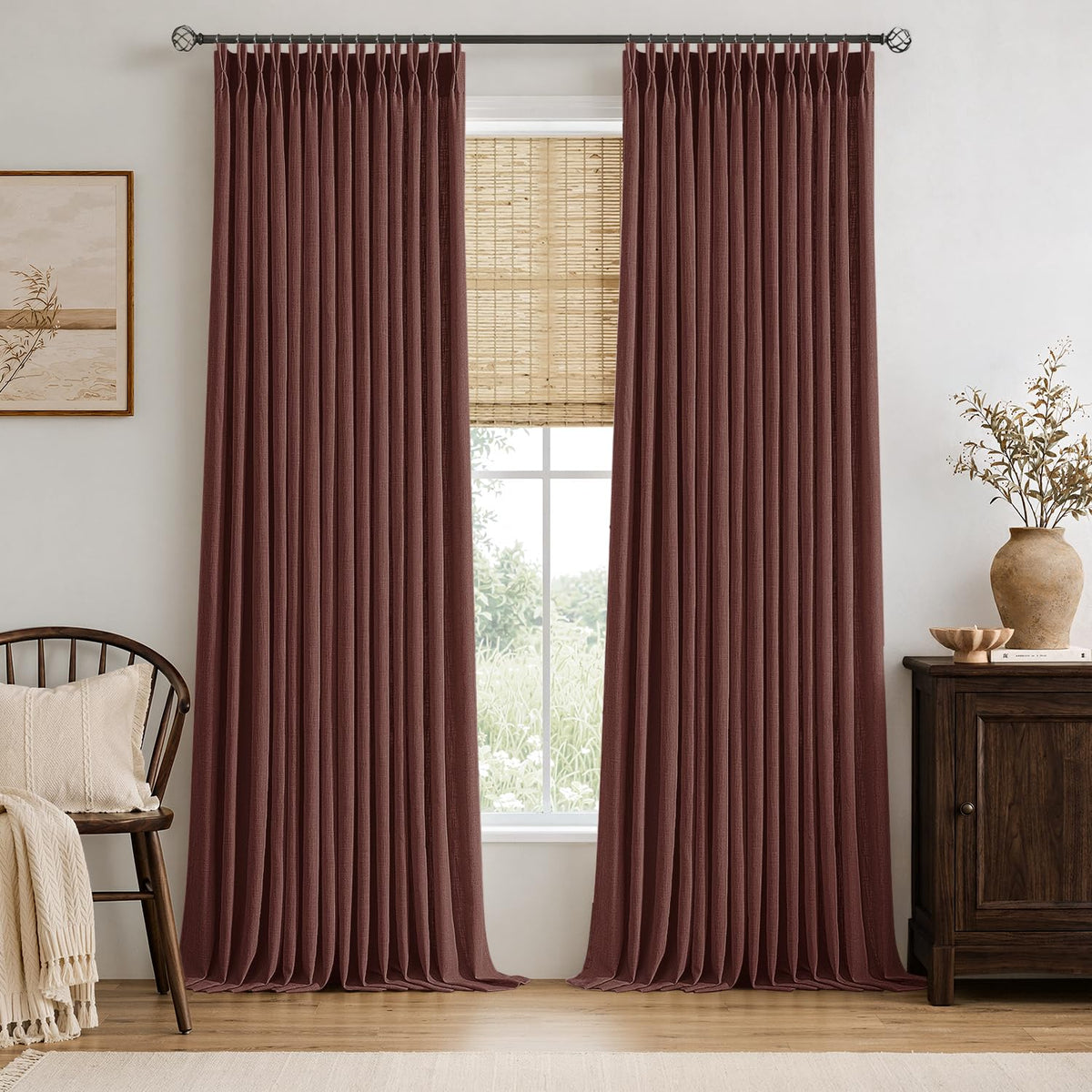 MIULEE Pinch Pleated Thick Linen Curtains 96 Inches Burlap Brown Curtains