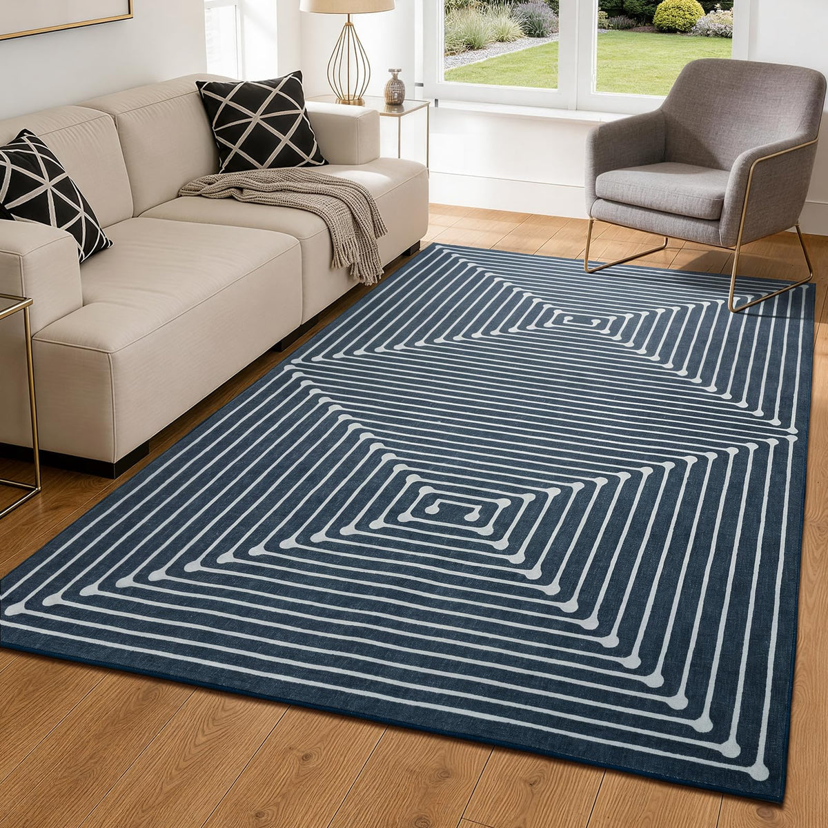 YIHOUSE Washable 5x7 Area Rugs for Living Room, Black and White Striped Rug for Bedroom Playroom Non Slip Low Pile, Soft Modern Geometric Carpet for Entryway Home Office Decor