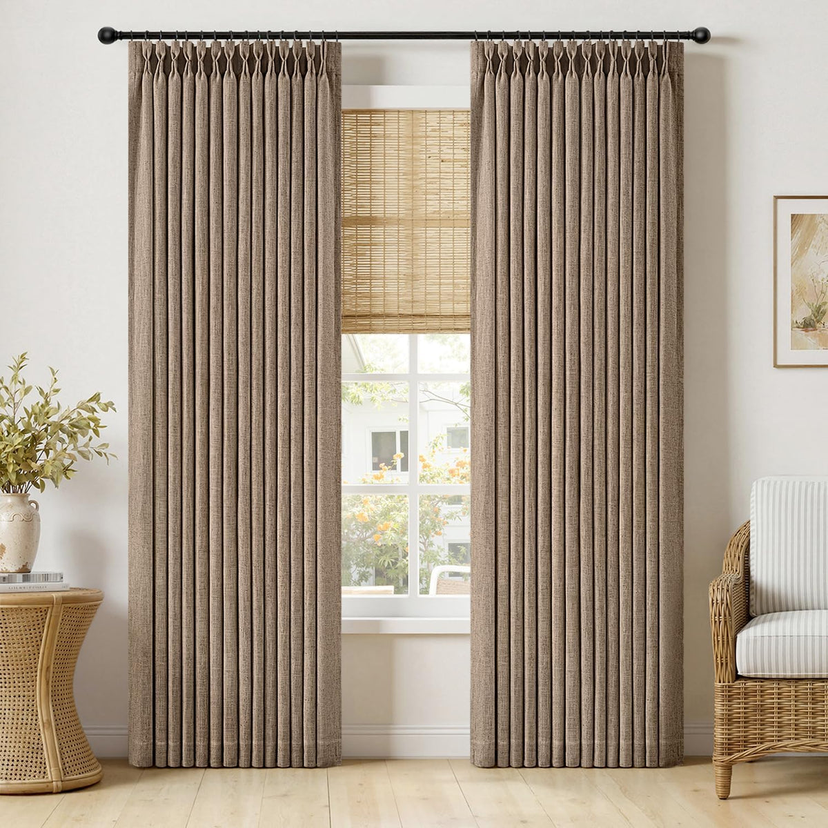 MIULEE Pinch Pleated Thick Linen Curtains 96 Inches Burlap Brown Curtains