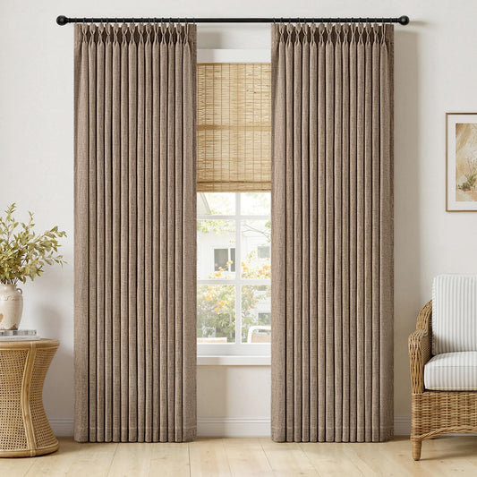 MIULEE Pinch Pleated Thick Linen Curtains 96 Inches Burlap Brown Curtains