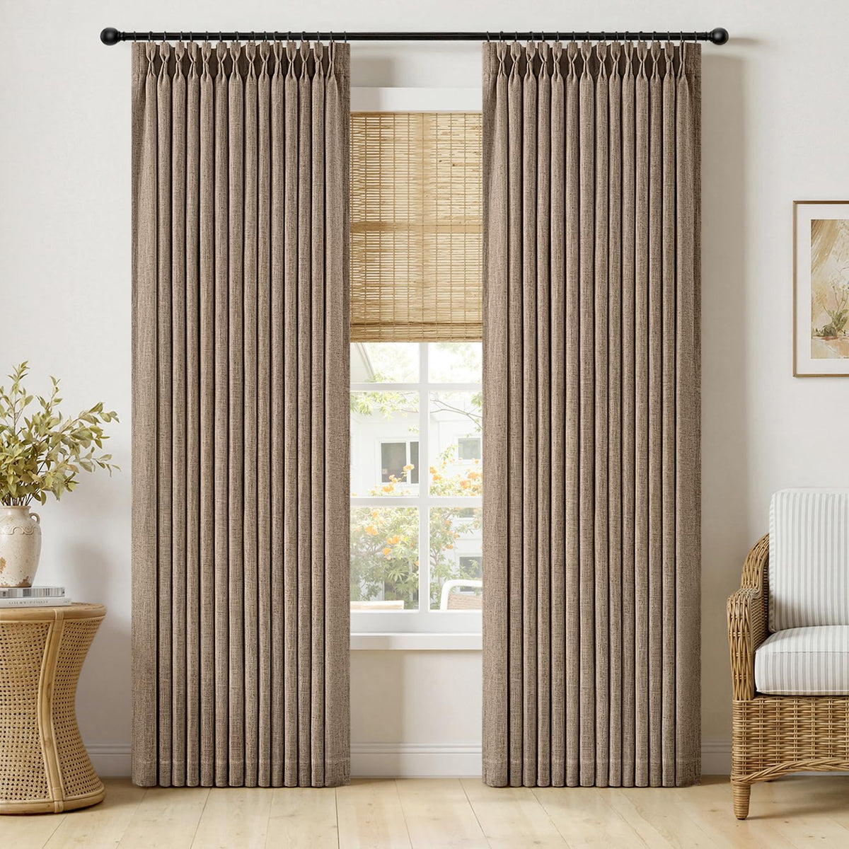 MIULEE Pinch Pleated Thick Linen Curtains 96 Inches Burlap Brown Curtains